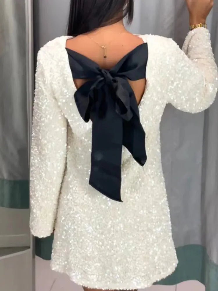 New O - Neck Autumn Winter Party Dress, Women Loungewear Fashon Long Sleeve Mini Dress, Solid Lace - Up Sequins Ladies Dress Vestido - SN Wigs & More