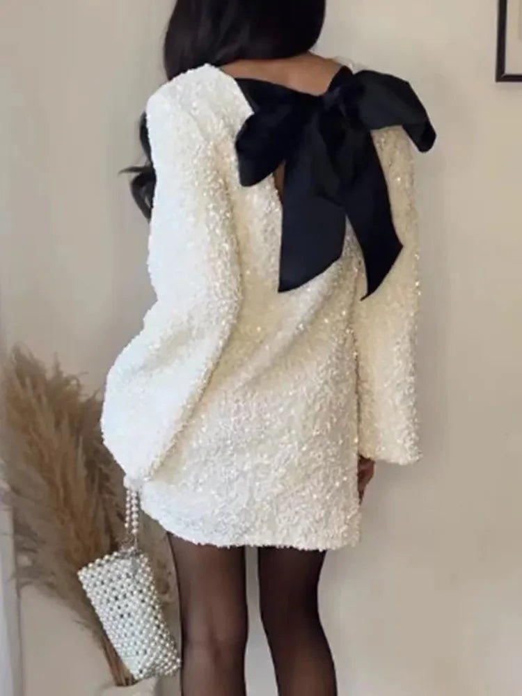 New O - Neck Autumn Winter Party Dress, Women Loungewear Fashon Long Sleeve Mini Dress, Solid Lace - Up Sequins Ladies Dress Vestido - SN Wigs & More