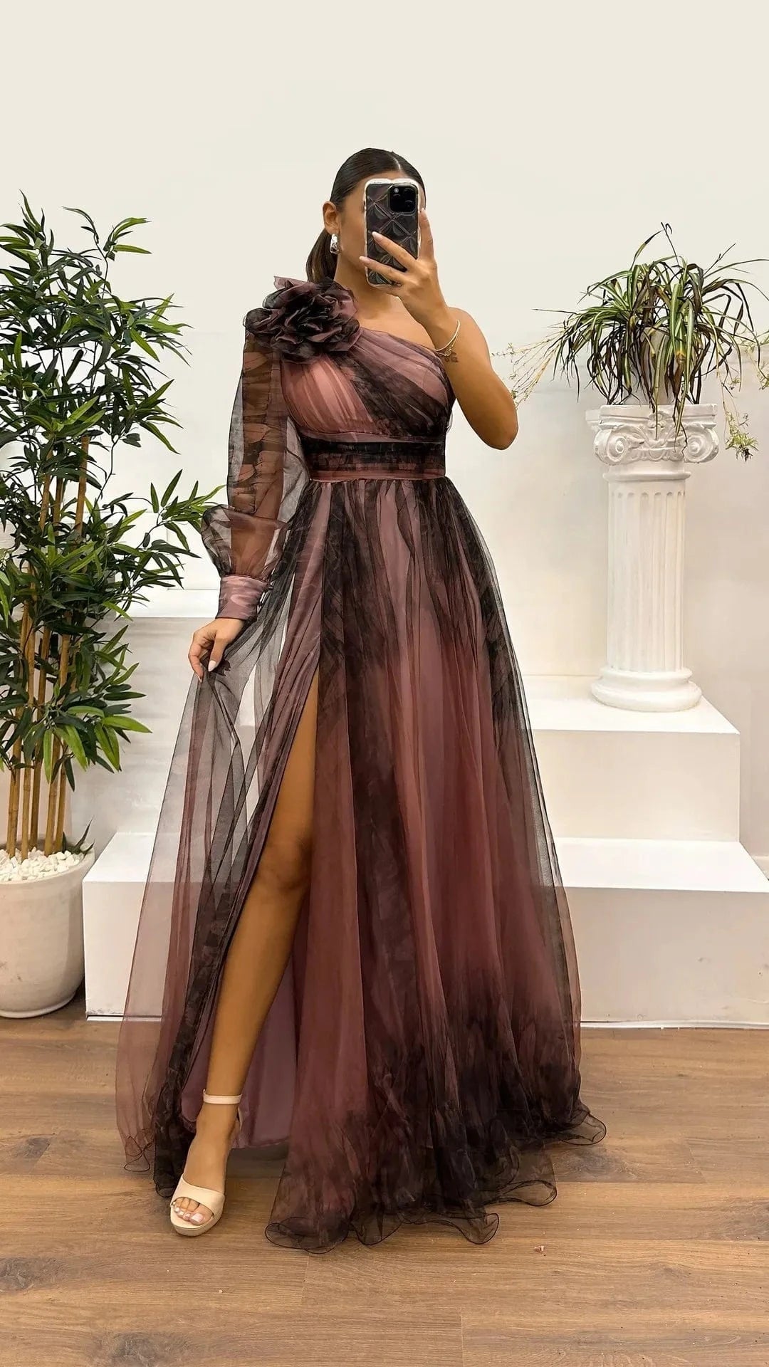 New One Shoulder Sleeve Pleats Bridesmaid Dress Vintage Pattern Printed High Waist Long Dress Sexy Asymmetric Mesh Evening Dress