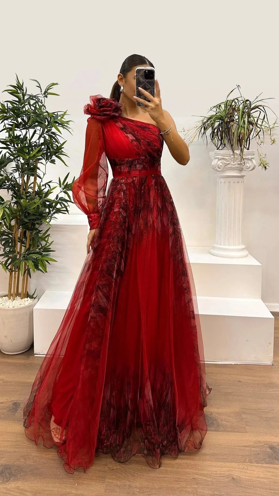 New One Shoulder Sleeve Pleats Bridesmaid Dress Vintage Pattern Printed High Waist Long Dress Sexy Asymmetric Mesh Evening Dress