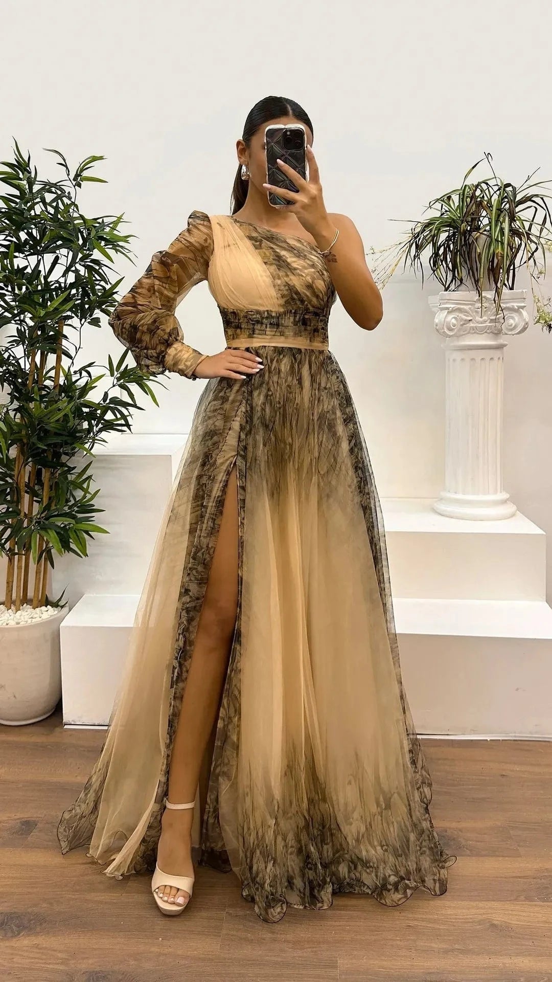 New One Shoulder Sleeve Pleats Bridesmaid Dress Vintage Pattern Printed High Waist Long Dress Sexy Asymmetric Mesh Evening Dress