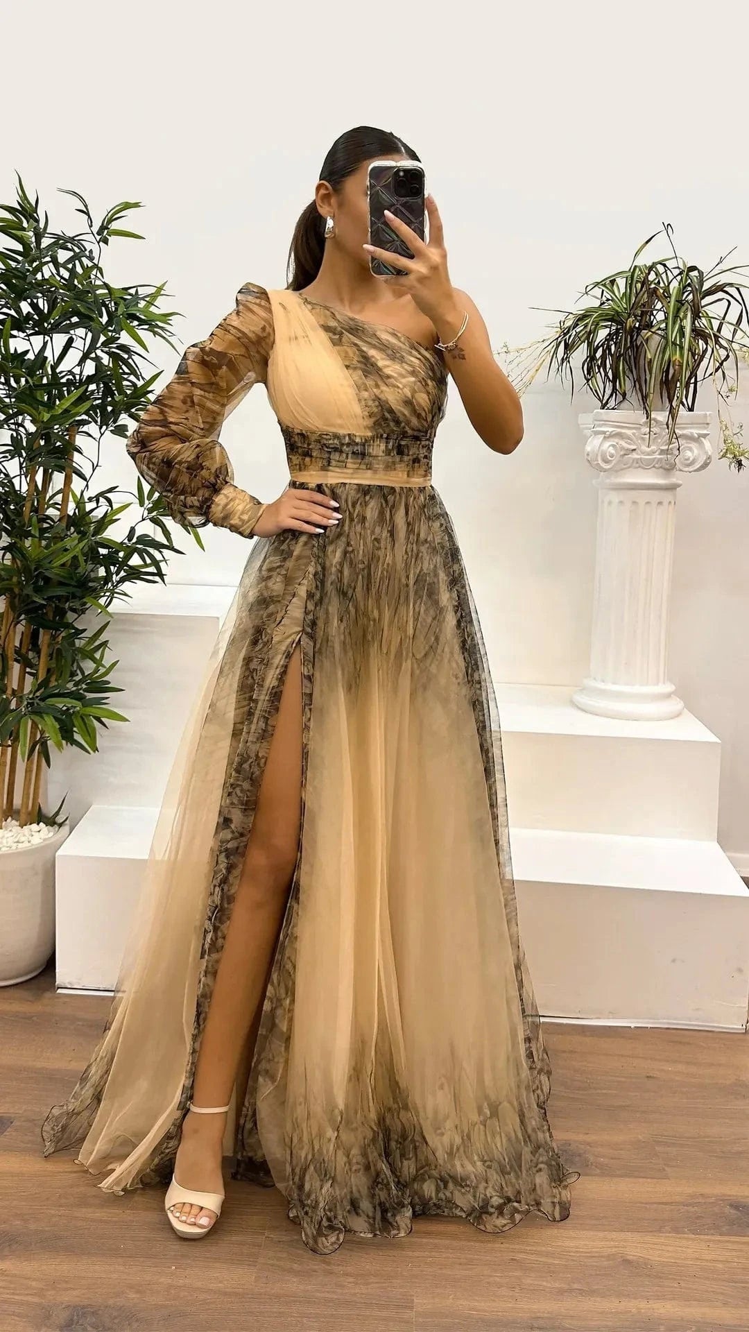 New One Shoulder Sleeve Pleats Bridesmaid Dress Vintage Pattern Printed High Waist Long Dress Sexy Asymmetric Mesh Evening Dress