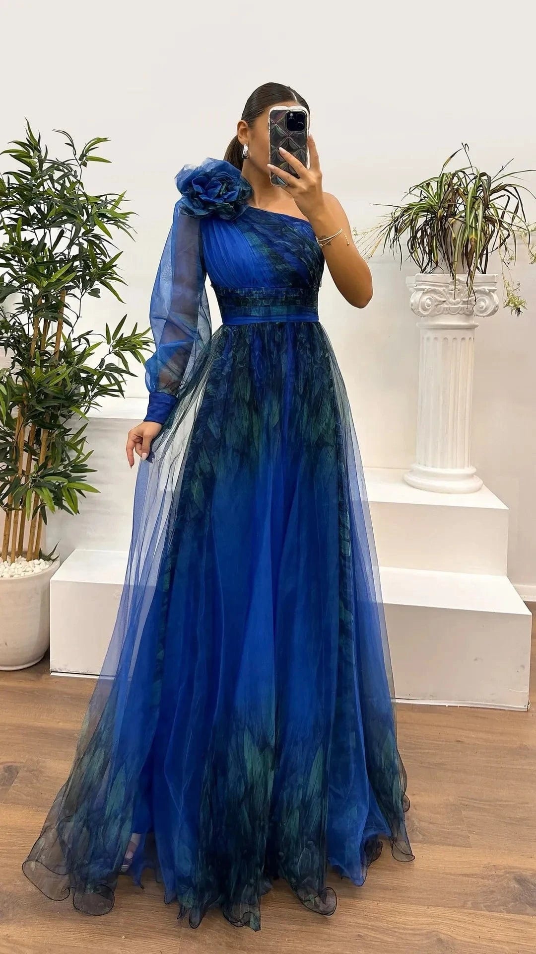 New One Shoulder Sleeve Pleats Bridesmaid Dress Vintage Pattern Printed High Waist Long Dress Sexy Asymmetric Mesh Evening Dress