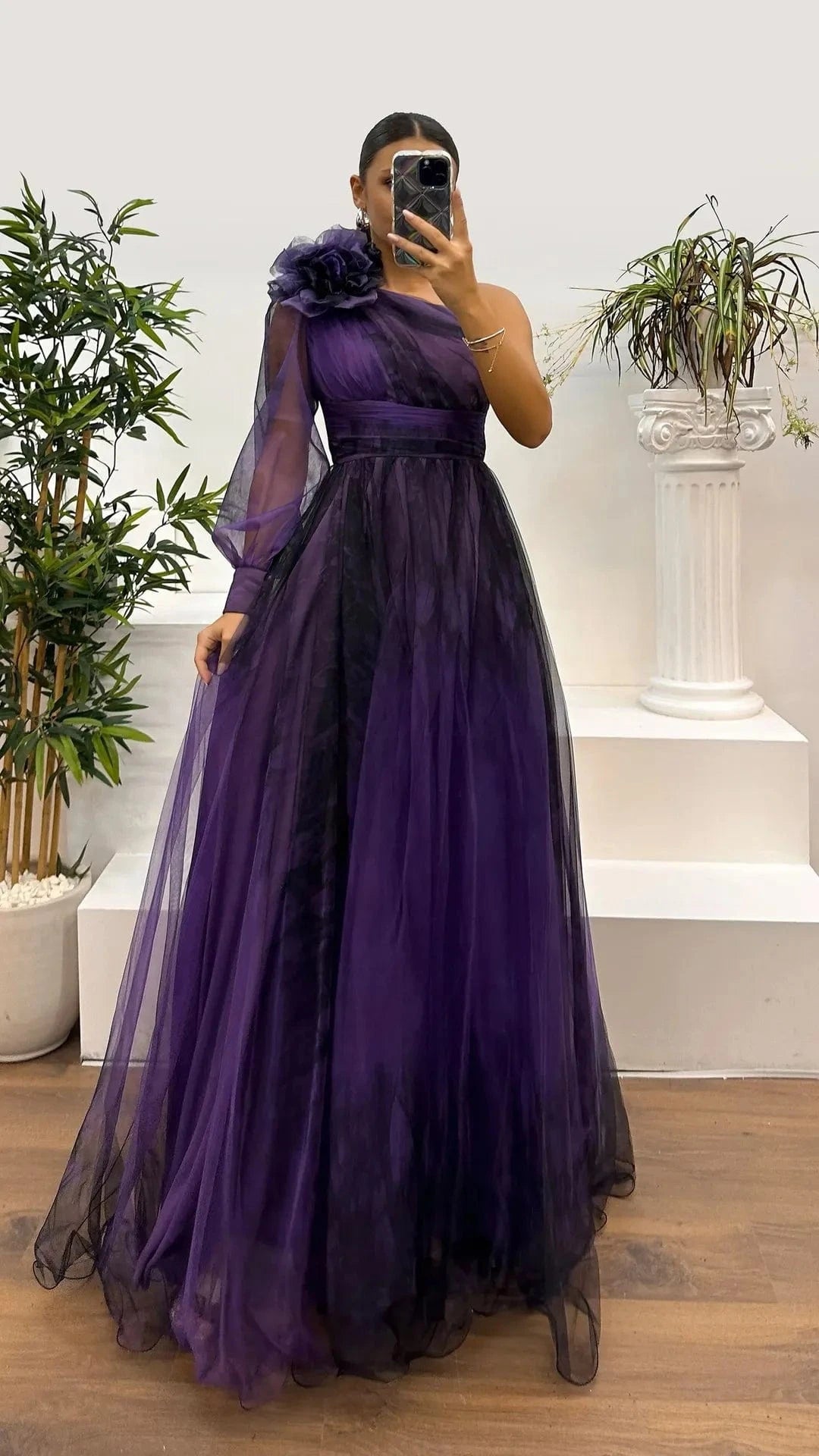New One Shoulder Sleeve Pleats Bridesmaid Dress Vintage Pattern Printed High Waist Long Dress Sexy Asymmetric Mesh Evening Dress