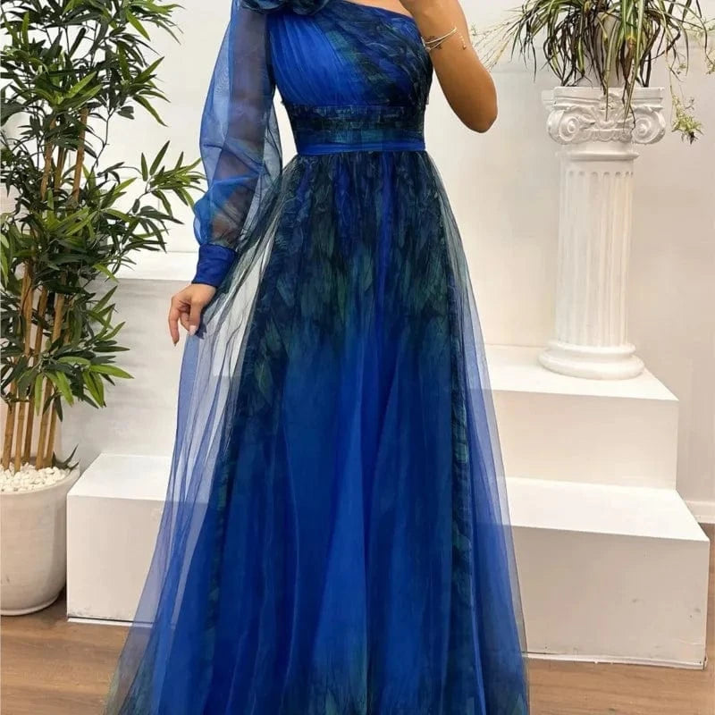 New One Shoulder Sleeve Pleats Bridesmaid Dress Vintage Pattern Printed High Waist Long Dress Sexy Asymmetric Mesh Evening Dress