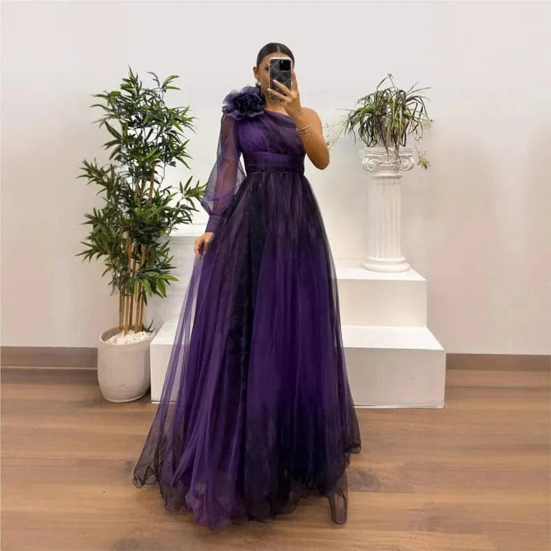 New One Shoulder Sleeve Pleats Bridesmaid Dress Vintage Pattern Printed High Waist Long Dress Sexy Asymmetric Mesh Evening Dress