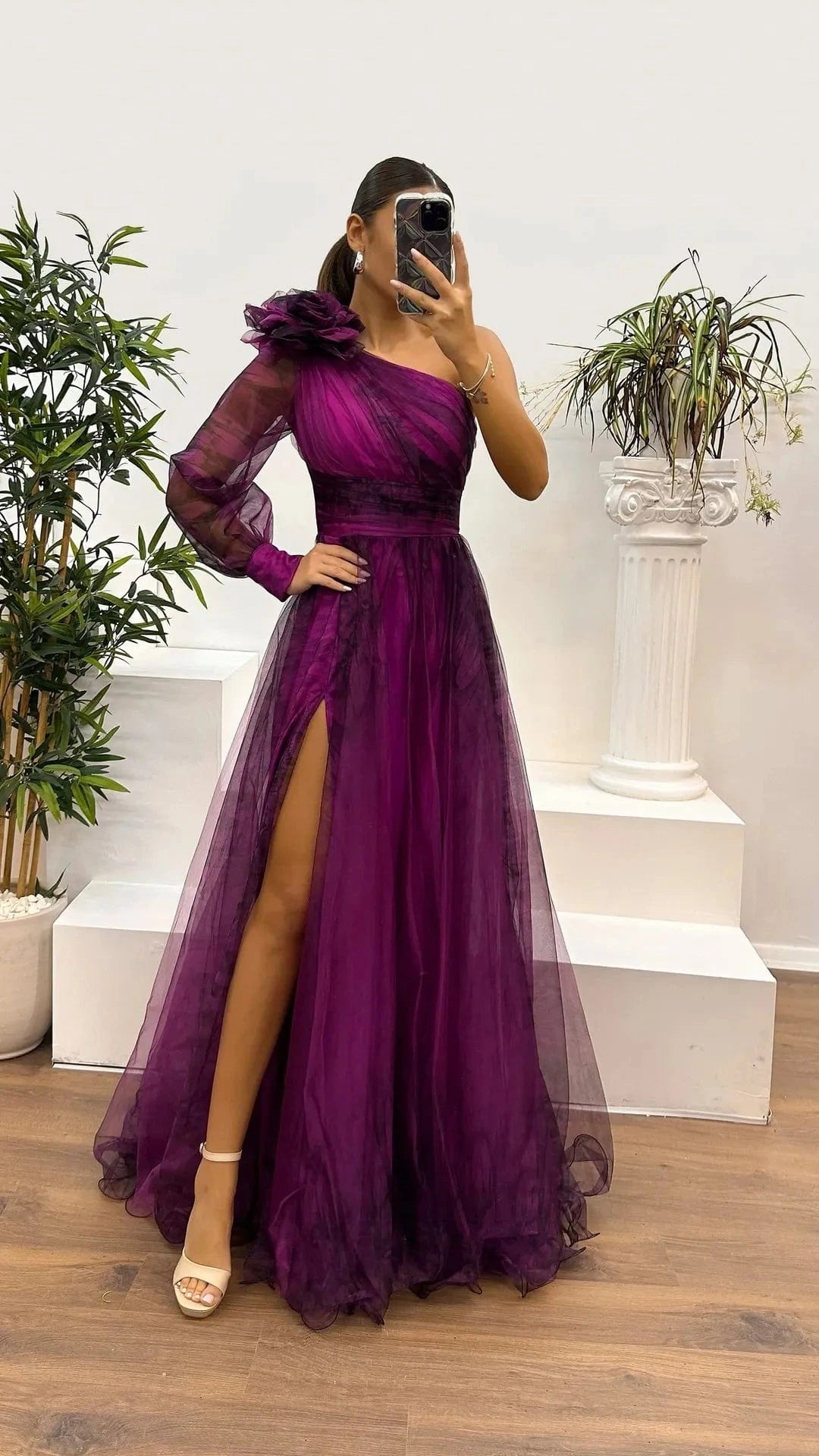 New One Shoulder Sleeve Pleats Bridesmaid Dress Vintage Pattern Printed High Waist Long Dress Sexy Asymmetric Mesh Evening Dress