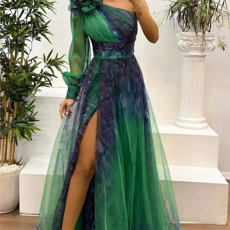 New One Shoulder Sleeve Pleats Bridesmaid Dress Vintage Pattern Printed High Waist Long Dress Sexy Asymmetric Mesh Evening Dress