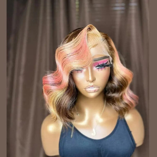 New Pink Brown Highlight Color Body Wave Cuticle Aligned Human Hair Lace Front Wigs With Baby Hair