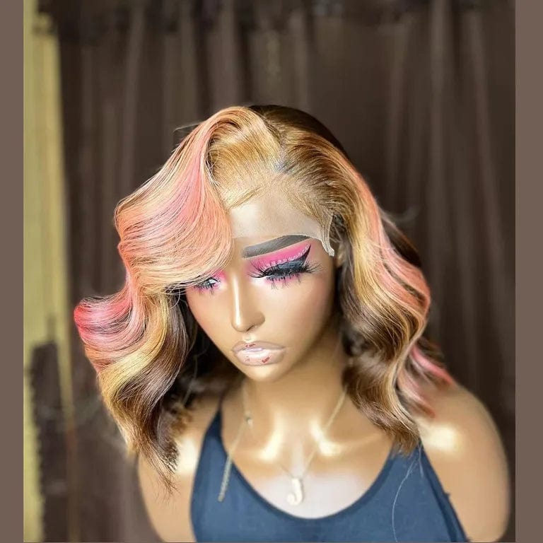 New Pink Brown Highlight Color Body Wave Cuticle Aligned Human Hair Lace Front Wigs With Baby Hair