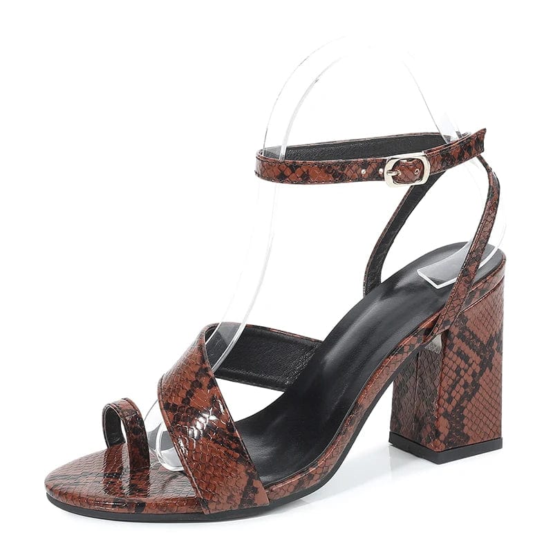 New popular last arrival snake print round toe block high fashion heels brown buckled chunky wholesale heels sexy  women sandals