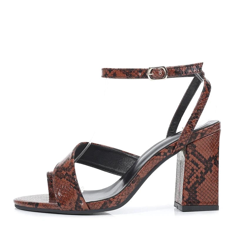 New popular last arrival snake print round toe block high fashion heels brown buckled chunky wholesale heels sexy  women sandals