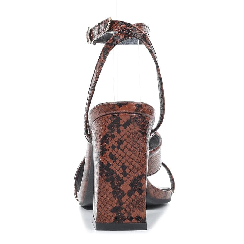 New popular last arrival snake print round toe block high fashion heels brown buckled chunky wholesale heels sexy  women sandals