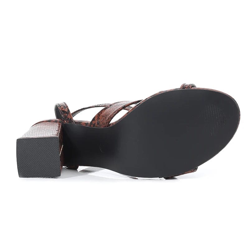 New popular last arrival snake print round toe block high fashion heels brown buckled chunky wholesale heels sexy  women sandals