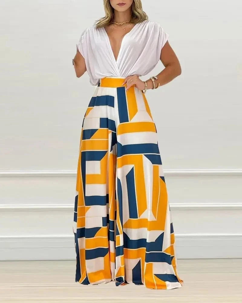 New Printed Floral Doll Sleeve Top Wide Leg Pants Two Piece Set Summer Women Outfits 2 Piece Set