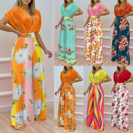 New Printed Floral Doll Sleeve Top Wide Leg Pants Two Piece Set Summer Women Outfits 2 Piece Set