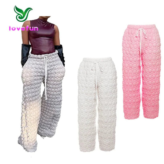 New Product Ideas 2023 Solid Color Drawstring Plush Trousers High Waist Casual Pants Fashion Loose Straight Pants