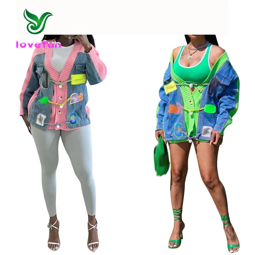 New Product Ideas 2024 Fashion Patchwork Denim Knit Cardigan Coat Embroidery Knitted Cardigan Sweater For Women