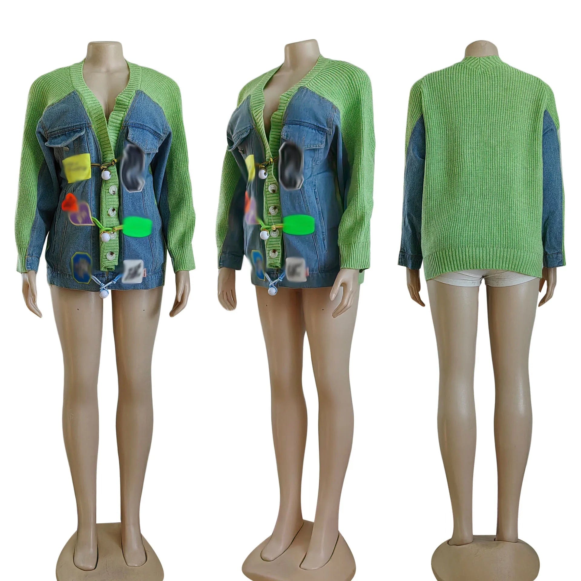 New Product Ideas 2024 Fashion Patchwork Denim Knit Cardigan Coat Embroidery Knitted Cardigan Sweater For Women