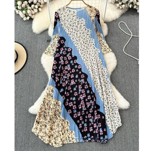 New Retro Niche Design Printing Stitching Long Sleeve Plus Size Dress