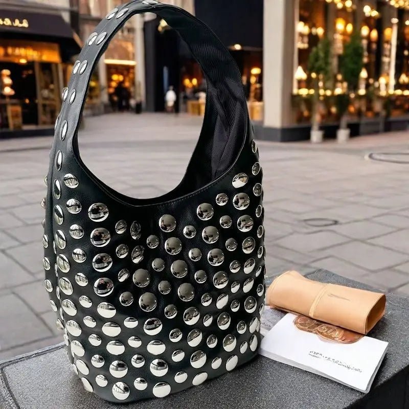 New Rivet Series Bucket Bag Motorcycle Texture Trendy Handbag Tortoise Shell Sequins Versatile Simple Fashion Soft Bag Lady Bag - SN Wigs & More