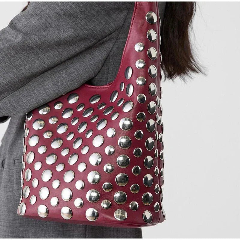 New Rivet Series Bucket Bag Motorcycle Texture Trendy Handbag Tortoise Shell Sequins Versatile Simple Fashion Soft Bag Lady Bag - SN Wigs & More