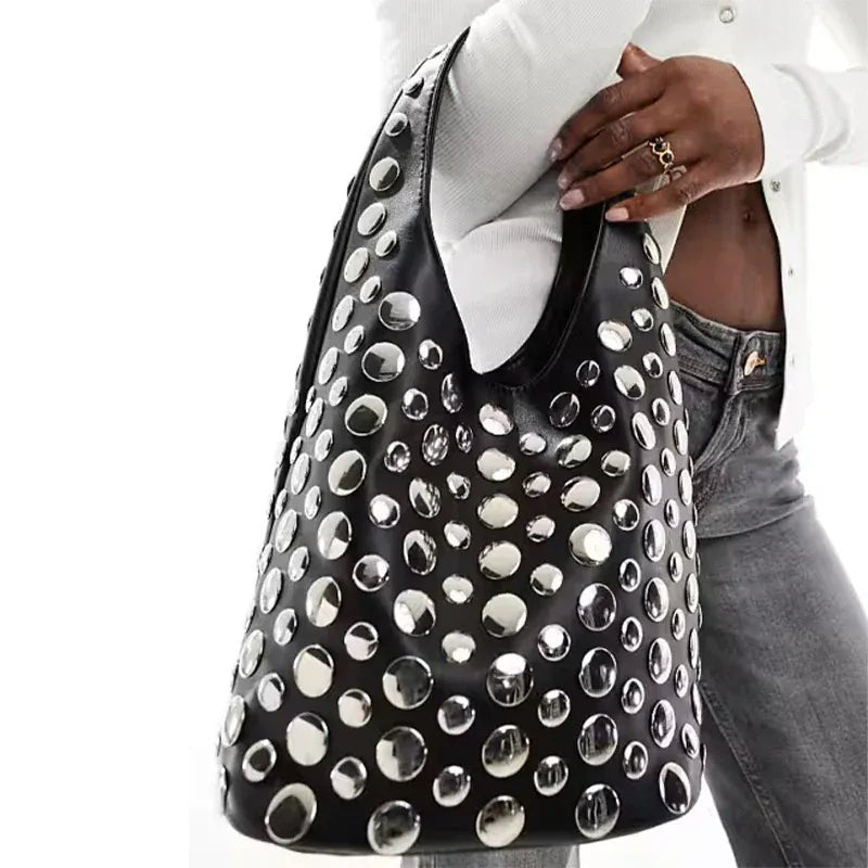 New Rivet Series Bucket Bag Motorcycle Texture Trendy Handbag Tortoise Shell Sequins Versatile Simple Fashion Soft Bag Lady Bag - SN Wigs & More