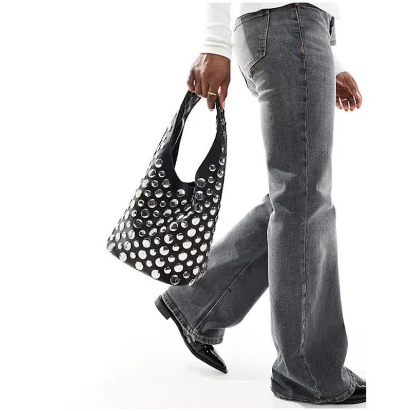 New Rivet Series Bucket Bag Motorcycle Texture Trendy Handbag Tortoise Shell Sequins Versatile Simple Fashion Soft Bag Lady Bag - SN Wigs & More