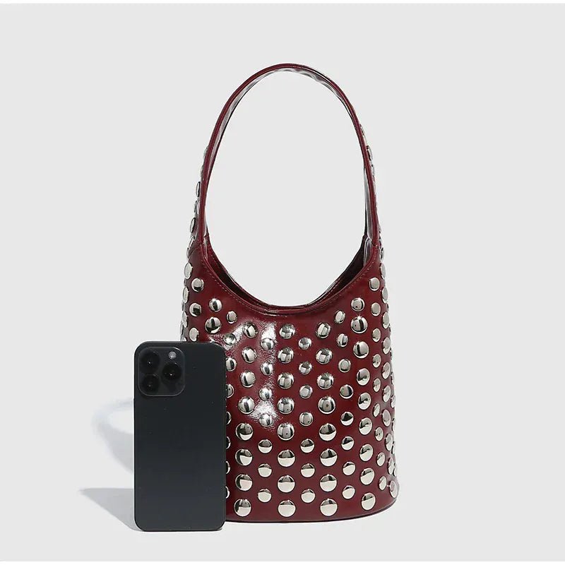 New Rivet Series Bucket Bag Motorcycle Texture Trendy Handbag Tortoise Shell Sequins Versatile Simple Fashion Soft Bag Lady Bag - SN Wigs & More