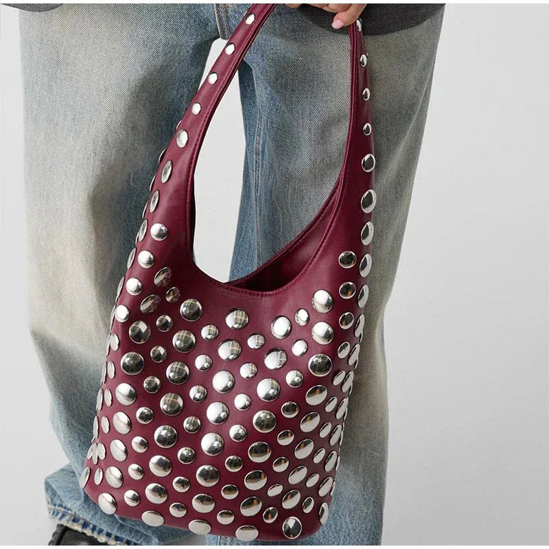 New Rivet Series Bucket Bag Motorcycle Texture Trendy Handbag Tortoise Shell Sequins Versatile Simple Fashion Soft Bag Lady Bag - SN Wigs & More