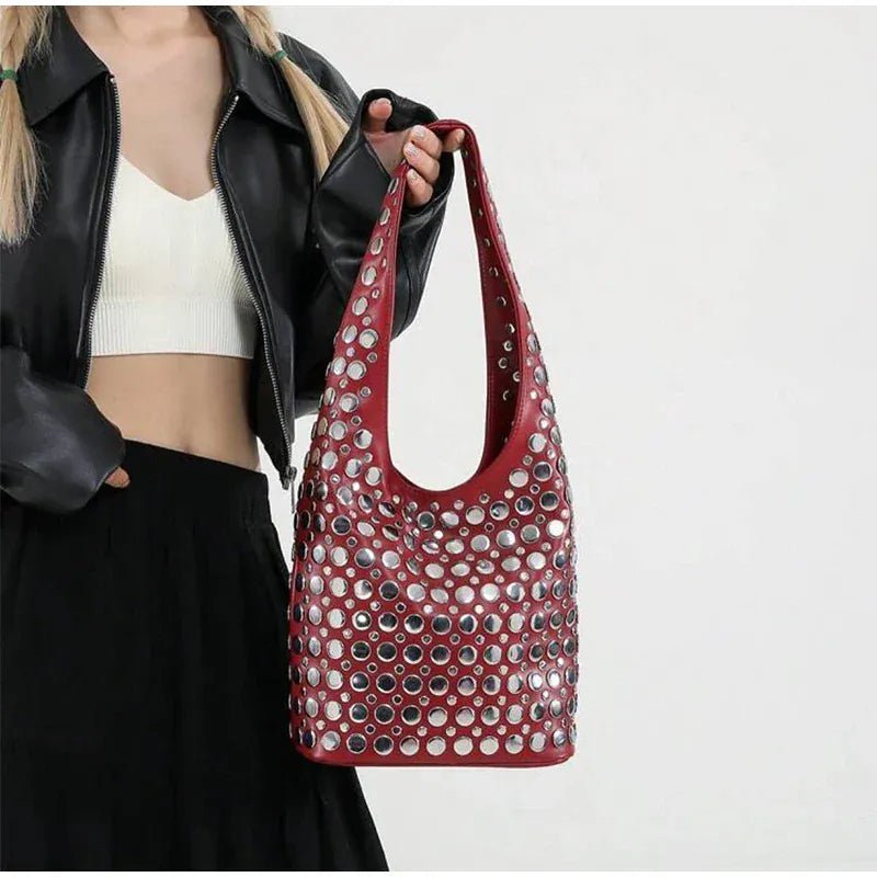 New Rivet Series Bucket Bag Motorcycle Texture Trendy Handbag Tortoise Shell Sequins Versatile Simple Fashion Soft Bag Lady Bag - SN Wigs & More