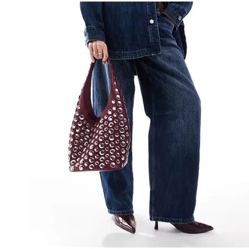 New Rivet Series Bucket Bag Motorcycle Texture Trendy Handbag Tortoise Shell Sequins Versatile Simple Fashion Soft Bag Lady Bag - SN Wigs & More