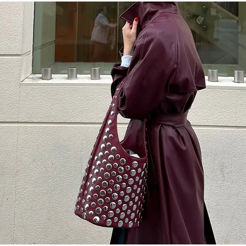 New Rivet Series Bucket Bag Motorcycle Texture Trendy Handbag Tortoise Shell Sequins Versatile Simple Fashion Soft Bag Lady Bag - SN Wigs & More