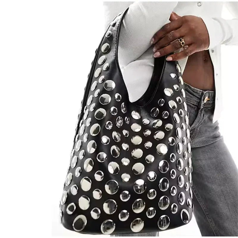 New Rivet Series Bucket Bag Motorcycle Texture Trendy Handbag Tortoise Shell Sequins Versatile Simple Fashion Soft Bag Lady Bag - SN Wigs & More