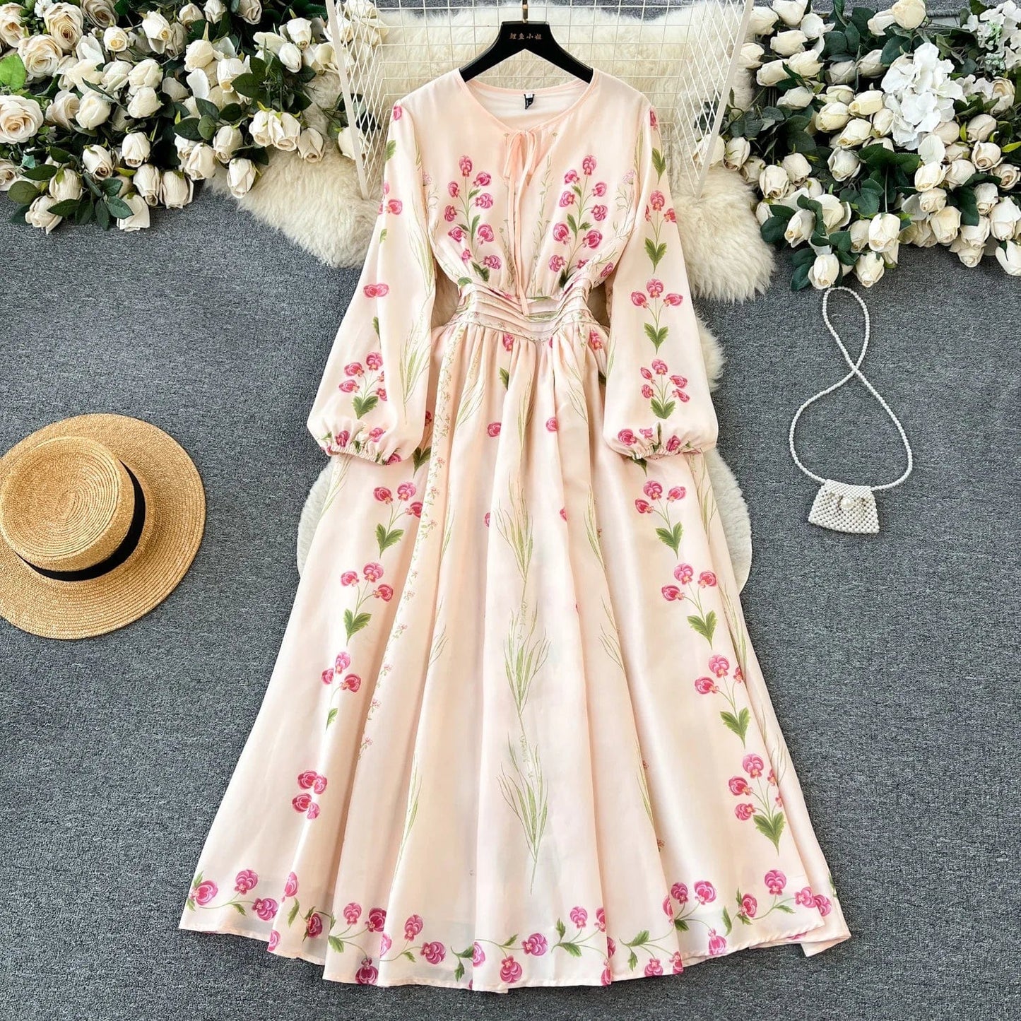 New Royal Sister Style Celebrity Slimming Big Swing Long Dress Exquisite Print Dress