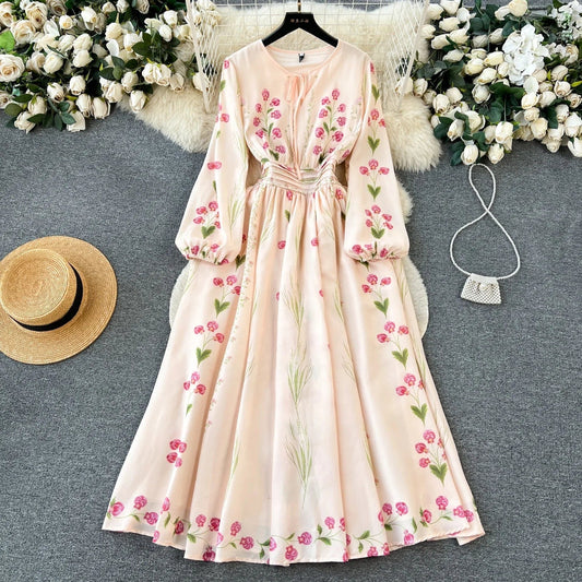 New Royal Sister Style Celebrity Slimming Big Swing Long Dress Exquisite Print Dress