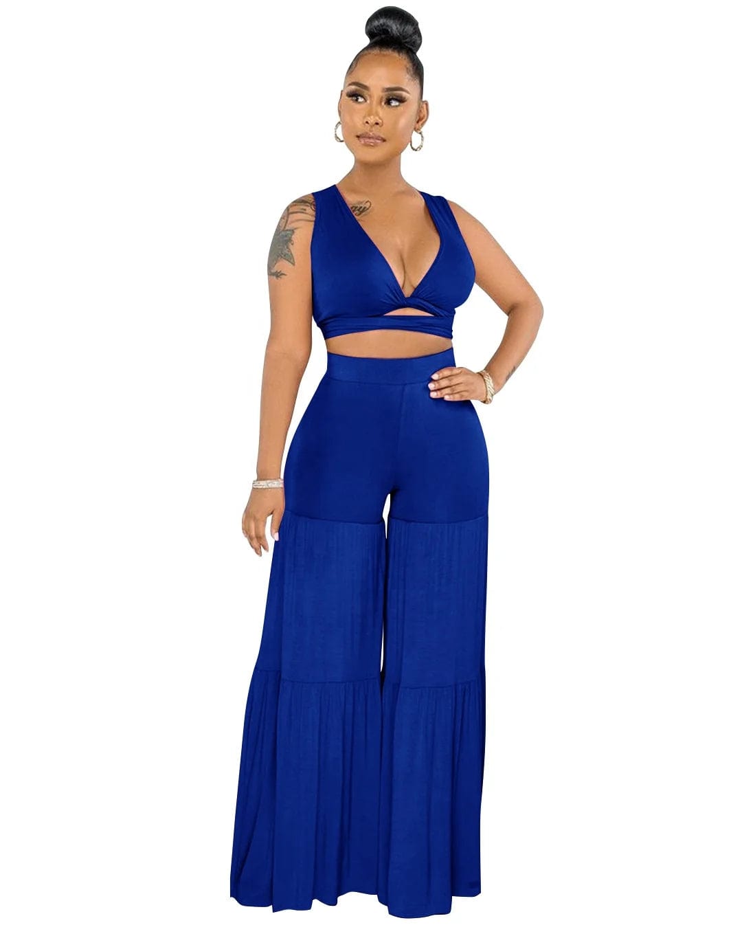 New Sexy Bundled Vest Top V-Neck Pleated Solid Color Summer Casual Women Mid-Waist Stitching Wide-Leg Two Piece Pants Set