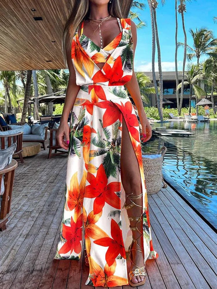 New Sexy Sets Women Summer Beach Style Printed Hollow Out Party Dress Outfit Deep V - Neck Bra Split Dress 2PCS Suits Dropshipping - SN Wigs & More