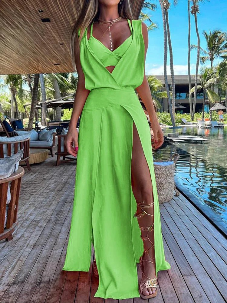 New Sexy Sets Women Summer Beach Style Printed Hollow Out Party Dress Outfit Deep V - Neck Bra Split Dress 2PCS Suits Dropshipping - SN Wigs & More