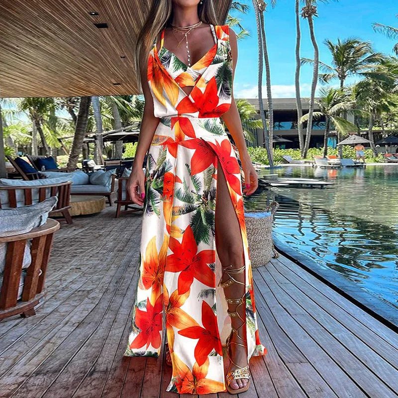 New Sexy Sets Women Summer Beach Style Printed Hollow Out Party Dress Outfit Deep V - Neck Bra Split Dress 2PCS Suits Dropshipping - SN Wigs & More