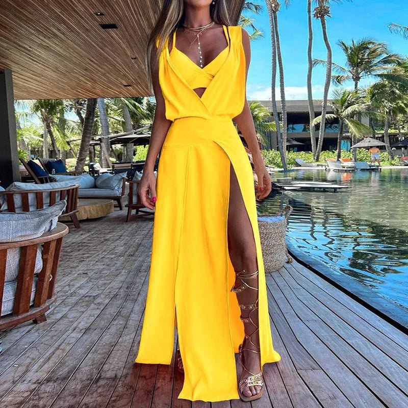 New Sexy Sets Women Summer Beach Style Printed Hollow Out Party Dress Outfit Deep V - Neck Bra Split Dress 2PCS Suits Dropshipping - SN Wigs & More