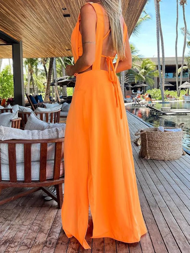 New Sexy Sets Women Summer Beach Style Printed Hollow Out Party Dress Outfit Deep V - Neck Bra Split Dress 2PCS Suits Dropshipping - SN Wigs & More