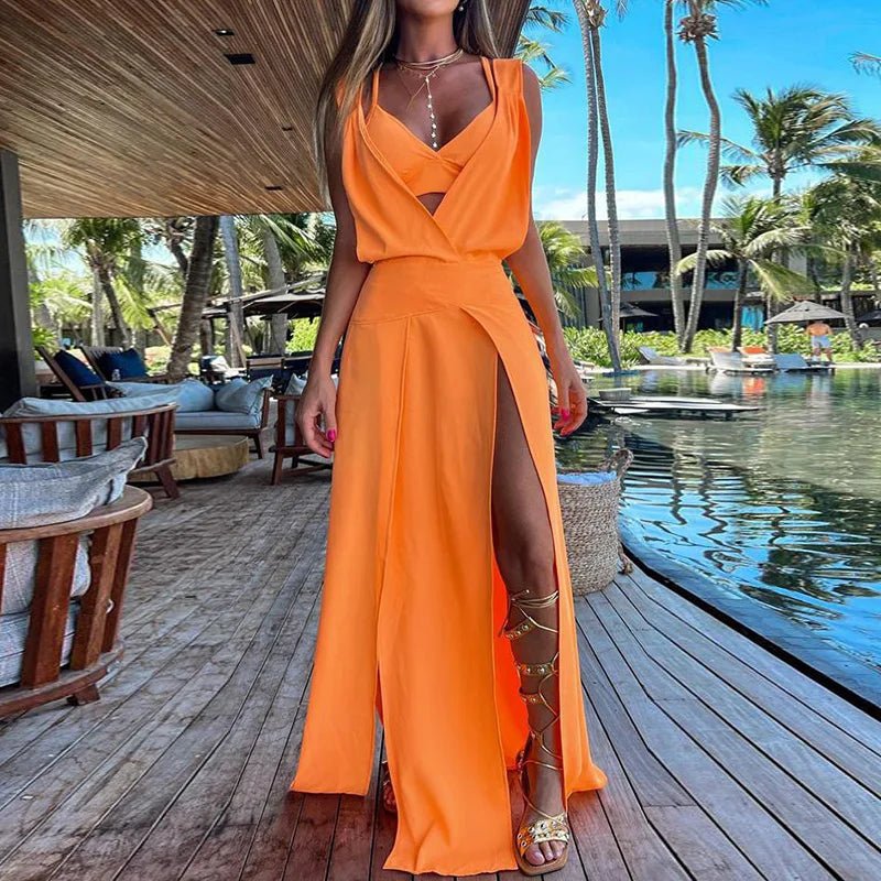 New Sexy Sets Women Summer Beach Style Printed Hollow Out Party Dress Outfit Deep V - Neck Bra Split Dress 2PCS Suits Dropshipping - SN Wigs & More