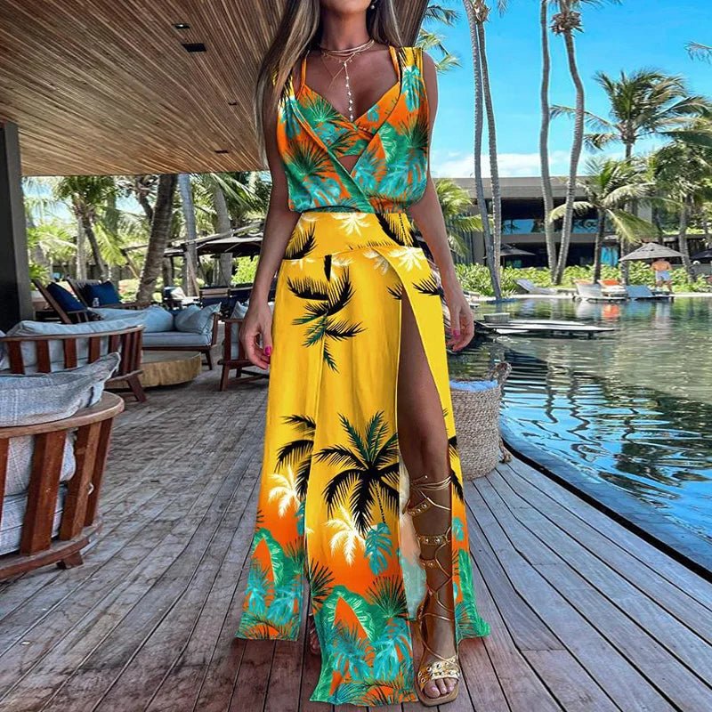 New Sexy Sets Women Summer Beach Style Printed Hollow Out Party Dress Outfit Deep V - Neck Bra Split Dress 2PCS Suits Dropshipping - SN Wigs & More