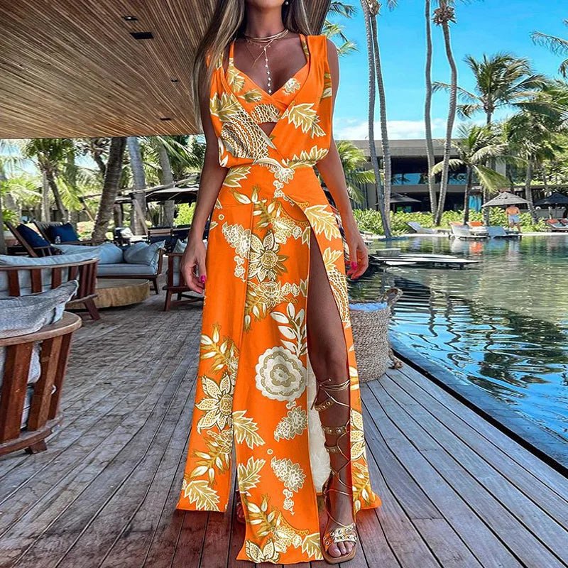 New Sexy Sets Women Summer Beach Style Printed Hollow Out Party Dress Outfit Deep V - Neck Bra Split Dress 2PCS Suits Dropshipping - SN Wigs & More