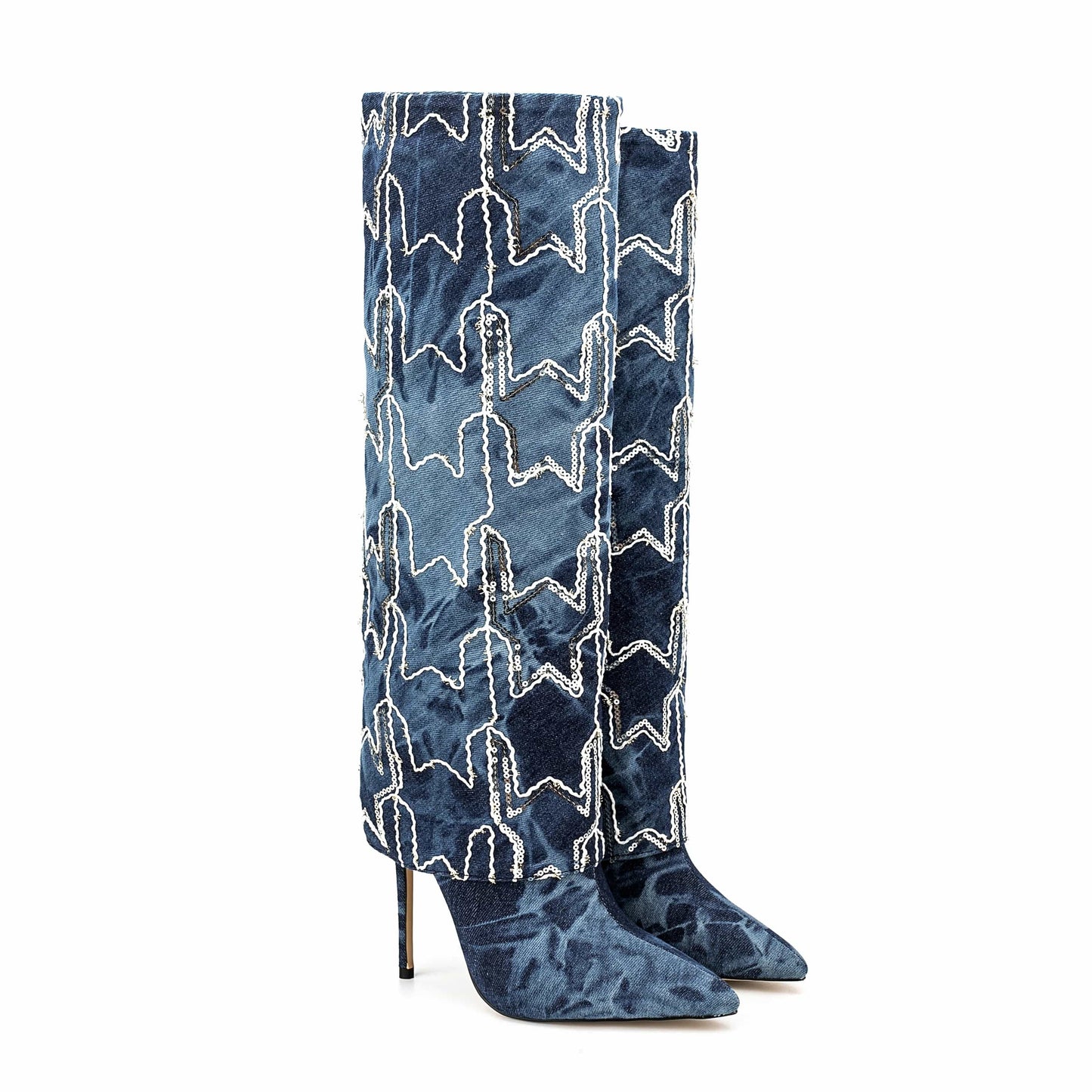 New Shoes Women High Heel Wash Denim Knee High Boots For Women Electric Embroidered Skirt Sleeve Knee High Boots For Women