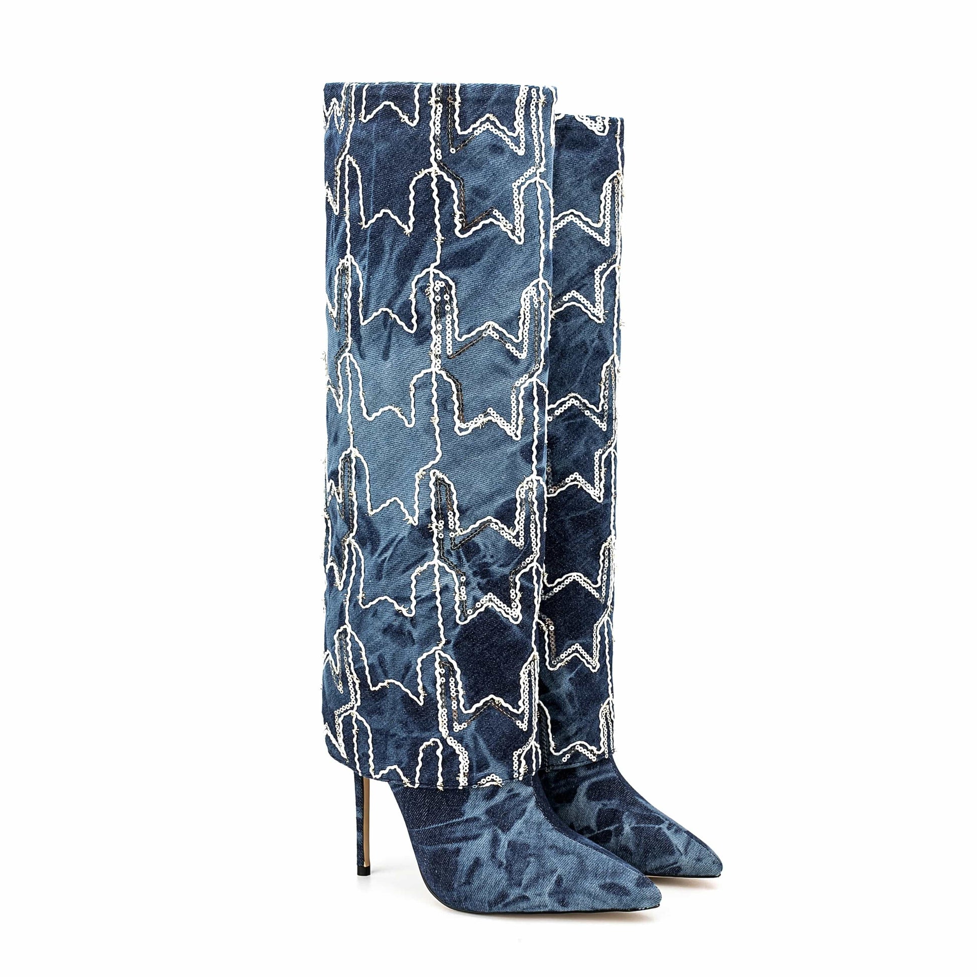 New Shoes Women High Heel Wash Denim Knee High Boots For Women Electric Embroidered Skirt Sleeve Knee High Boots For Women