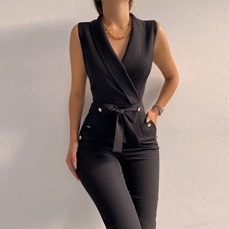 New Solid Casual Women Summer Jumpsuits V - Neck Lace - Up Sleeveless Wide Leg Pants Button Ladies Bodysuits Streetwear Dropshipping - SN Wigs & More