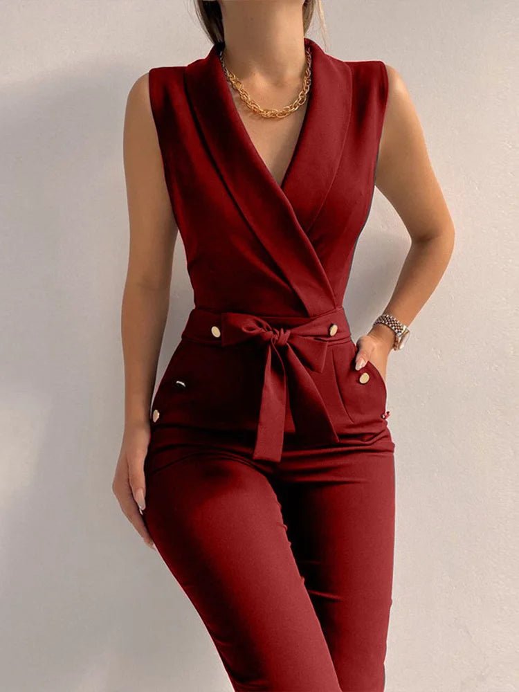 New Solid Casual Women Summer Jumpsuits V - Neck Lace - Up Sleeveless Wide Leg Pants Button Ladies Bodysuits Streetwear Dropshipping - SN Wigs & More