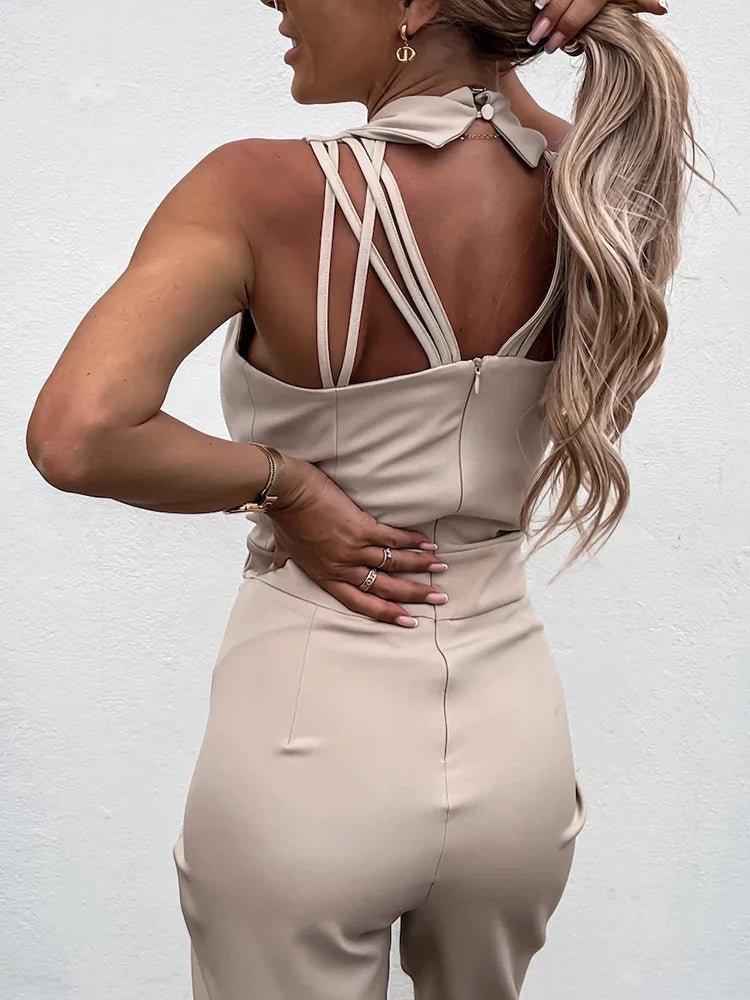 New Solid Casual Women Summer Jumpsuits V - Neck Lace - Up Sleeveless Wide Leg Pants Button Ladies Bodysuits Streetwear Dropshipping - SN Wigs & More